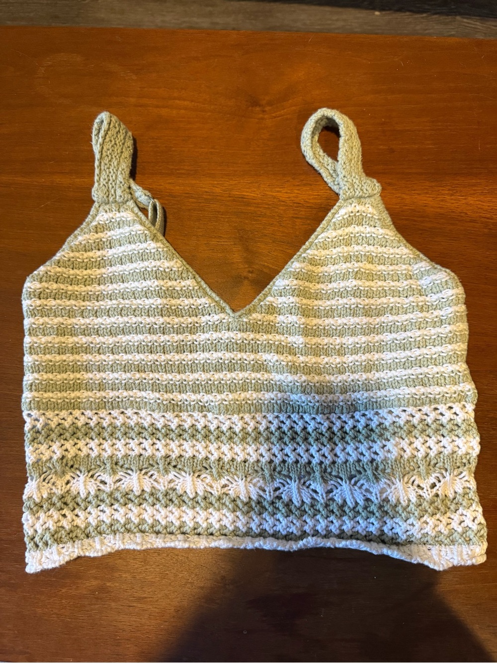 Hollister Striped Sage Green and Cream Cropped crochet style Tank